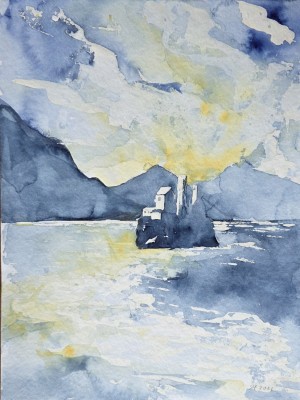 Aquarellbild einer Seenlanschaft mit einer Insel unter Sturmwolken  
